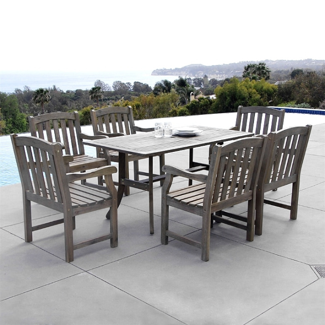 Acacia 7 Piece 59 Inch Aged Gray Slat Back Dining Set