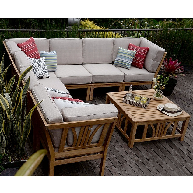 Teak 8pc Deep Seating Sectional Sofa Conversation Set with Cushions