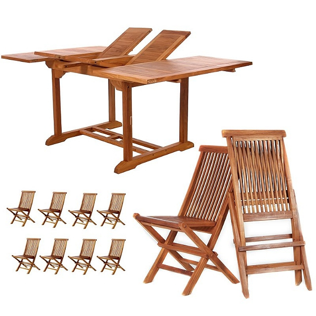Teak 9 Piece 50 to 75 Inch Dual Butterfly Leaf Patio Dining Set