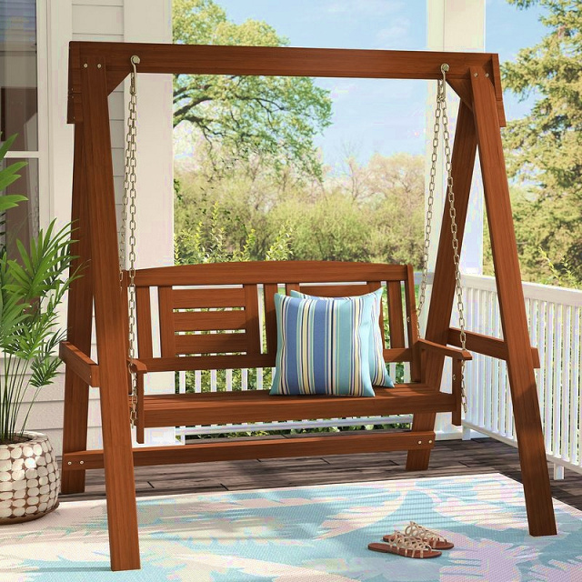 Teak Oiled Hardwood Porch Swing with Stand
